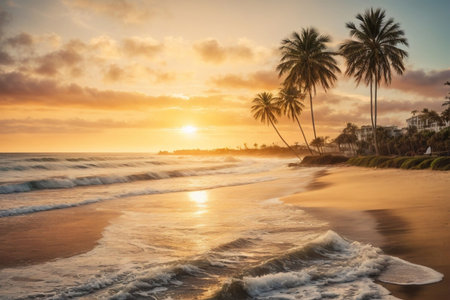 Beautiful sunset on the beach with palm trees and sea waves.の素材