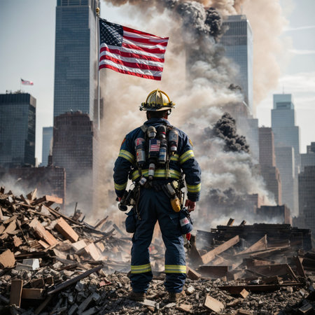 Firefighter with the american flag in front of the city.の素材