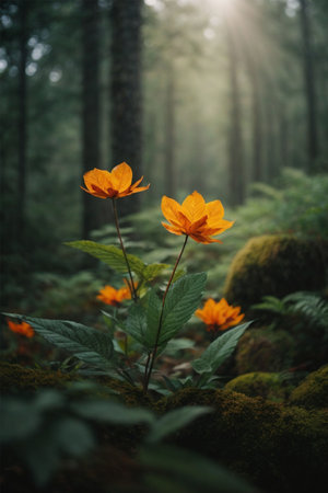Tall orange flowers in the forest with morning sunlight. nature backgroundの素材