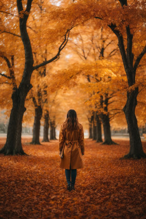 Beautiful young woman walking in autumn park. Fall season concept.の素材