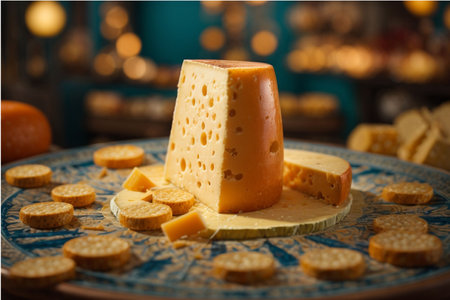 Cheese collection, piece of yellow cheese and crackers on a blue plateの素材