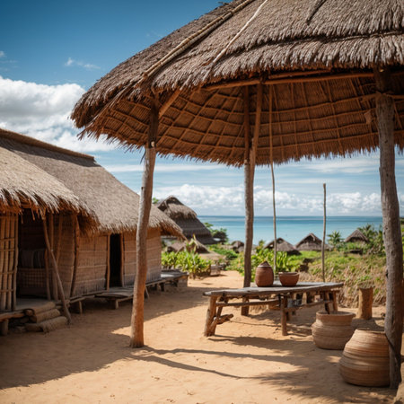 Tropical beach with thatched umbrellas and terraceの素材