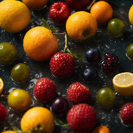 Variety of fresh fruits and berries in water drops on dark backgroundの素材