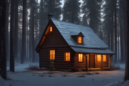 Old wooden house in the winter forest at nightの素材