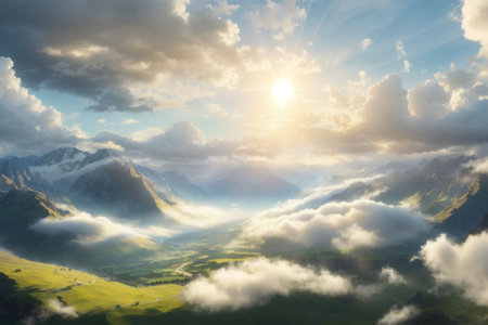Mountain landscape with clouds and sun in the sky.の素材