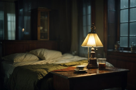Lamp and coffee on the bed in the bedroom at night.の素材