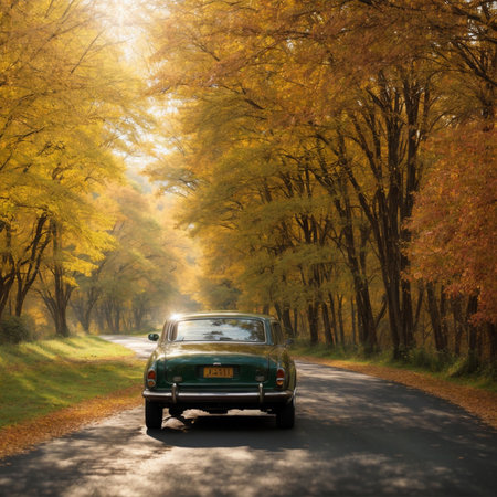 Retro car on the road in the autumn forest with yellow leavesの素材