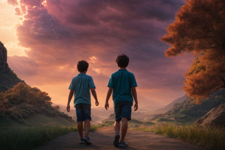 Back view of two boys walking on a trail in the mountains at sunsetの素材