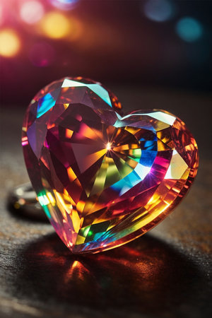 Heart shaped diamond on wooden table with bokeh light background.の素材