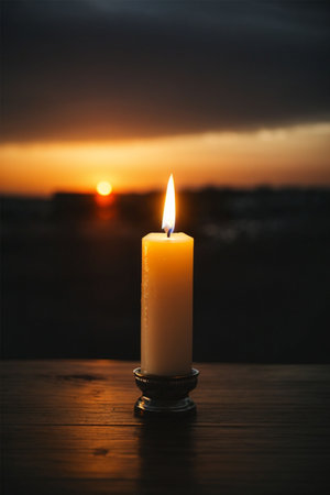 Burning candle on wooden table against sunset, closeup. Space for textの素材