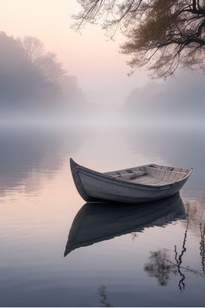 Foggy morning on a lake with a boat in the foregroundの素材