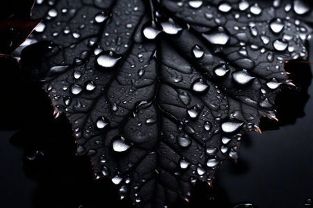 Black leaf with water drops close-up on a black background.の素材