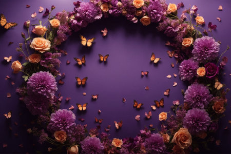 Beautiful purple background with flowers and butterflies.の素材