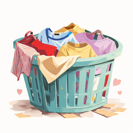 Shopping basket full of clothes. Vector illustration in cartoon style.の素材