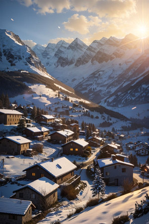 Sunset over the village in the Alps in winterの素材