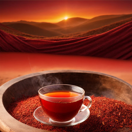 Cup of tea with red rooibos tea leaves in wooden bowlの素材