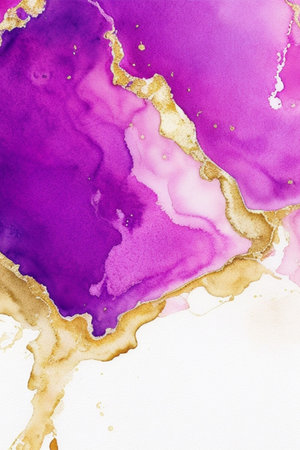Purple gold abstract background with watercolor stains. Hand painted illustrationの素材