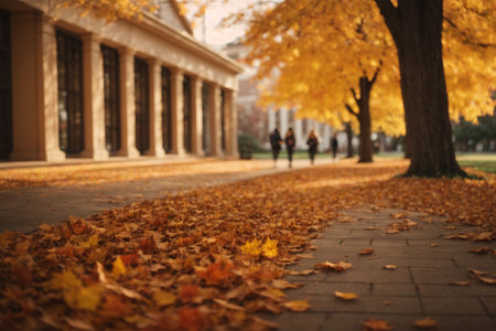 Autumn park alley with fallen yellow leaves.の素材