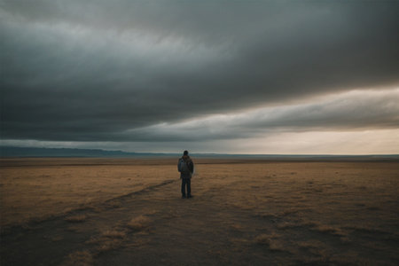 A man walking in the steppe with a cloudy sky in the backgroundの素材