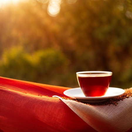 Cup of tea on a red cloth in the rays of the setting sunの素材