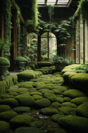 Japanese garden with green moss and ferns in the botanical gardenの素材