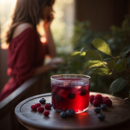A glass of berry tea on the terrace with a blurred backgroundの素材