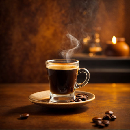 Coffee in a glass cup on a wooden table with coffee beansの素材