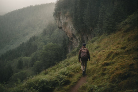 Hiking in the mountains. A man with a backpack walks along the path.の素材