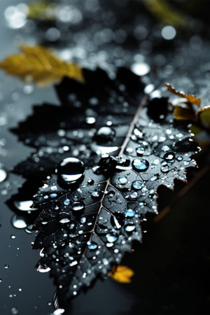 Autumn leaves and water drops on a black background. Selective focus.の素材