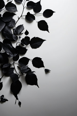 Black leaves on white background. Flat lay, top view, copy space.の素材