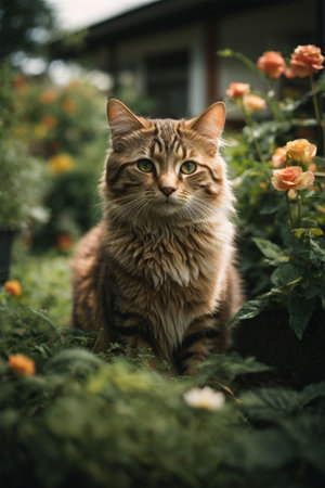 Cute tabby cat sitting in the garden and looking at cameraの素材