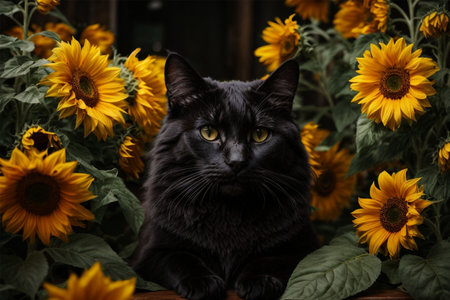 Beautiful black cat with yellow sunflowers in the garden.の素材