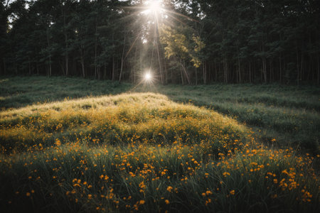 Sunset in the forest with sun rays and yellow wildflowersの素材