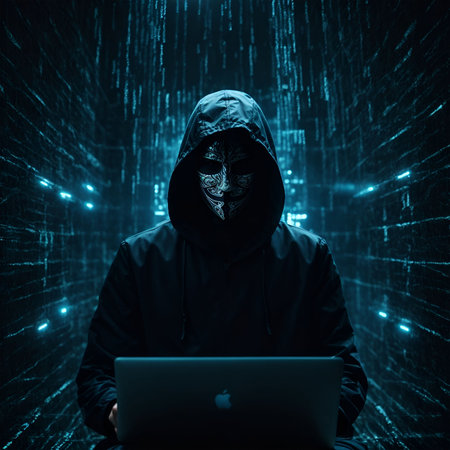 Hacker with a computer in front of binary code background. Computer security concept.の素材
