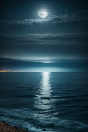 Full moon over the sea in full moonlight. Night landscape.の素材