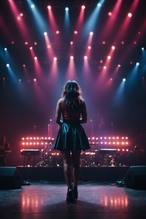 Young woman standing in front of the stage and looking at the lightsの素材