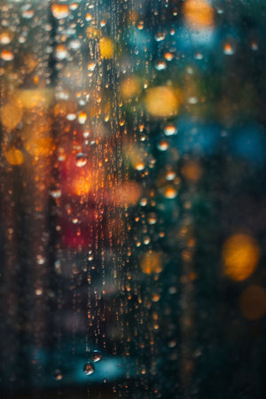Rain drops on window glass with bokeh background, abstract backgroundの素材