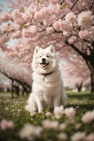 Beautiful Samoyed dog in blooming sakura garden on spring dayの素材