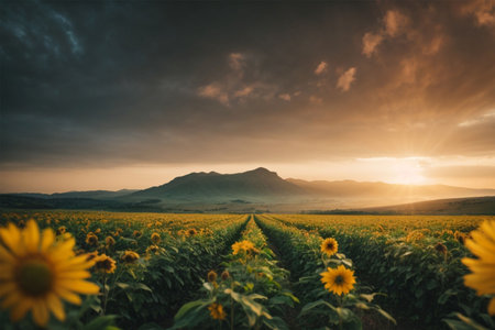 Sunflower field at sunset with mountains in the background. Landscape.の素材