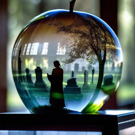 Silhouette of a man inside a crystal apple against a wood backgroundの素材