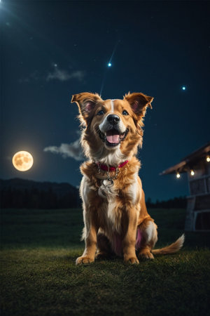 Portrait of a happy dog on the background of the moon.の素材