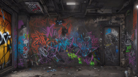 Graffiti on the walls of an abandoned building. 3d renderingの素材