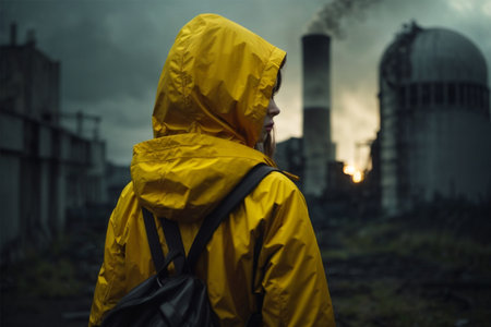 Woman in yellow raincoat with backpack looking at industrial plant on backgroundの素材