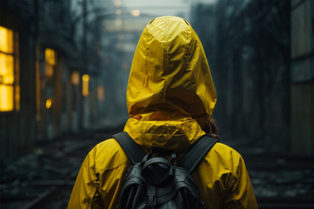 Rear view of a woman in a yellow raincoat with a backpack standing at the railway stationの素材
