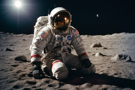Astronaut sitting on the moon surface in the moonlight.の素材