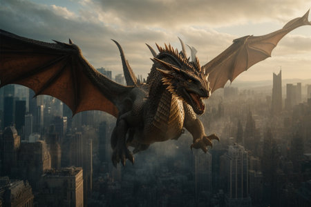 Fantasy dragon flying over the city. 3d illustration.の素材