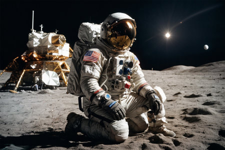 Astronaut sitting on the moon surface and looking at the starsの素材