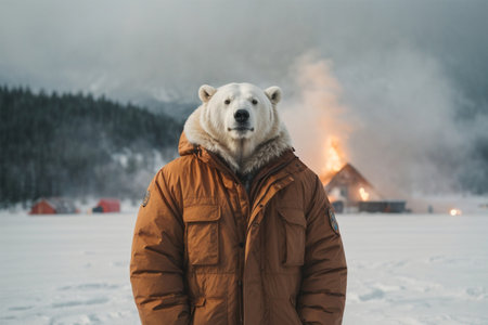 Polar bear in a warm jacket on the background of a snowy landscapeの素材