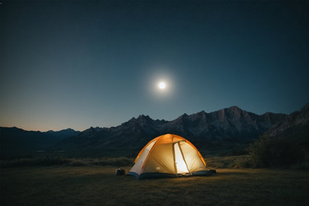 Camping in the mountains at night with a view of the moonの素材
