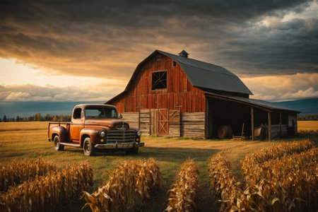 Abandoned truck in the field with a barn in the backgroundの素材